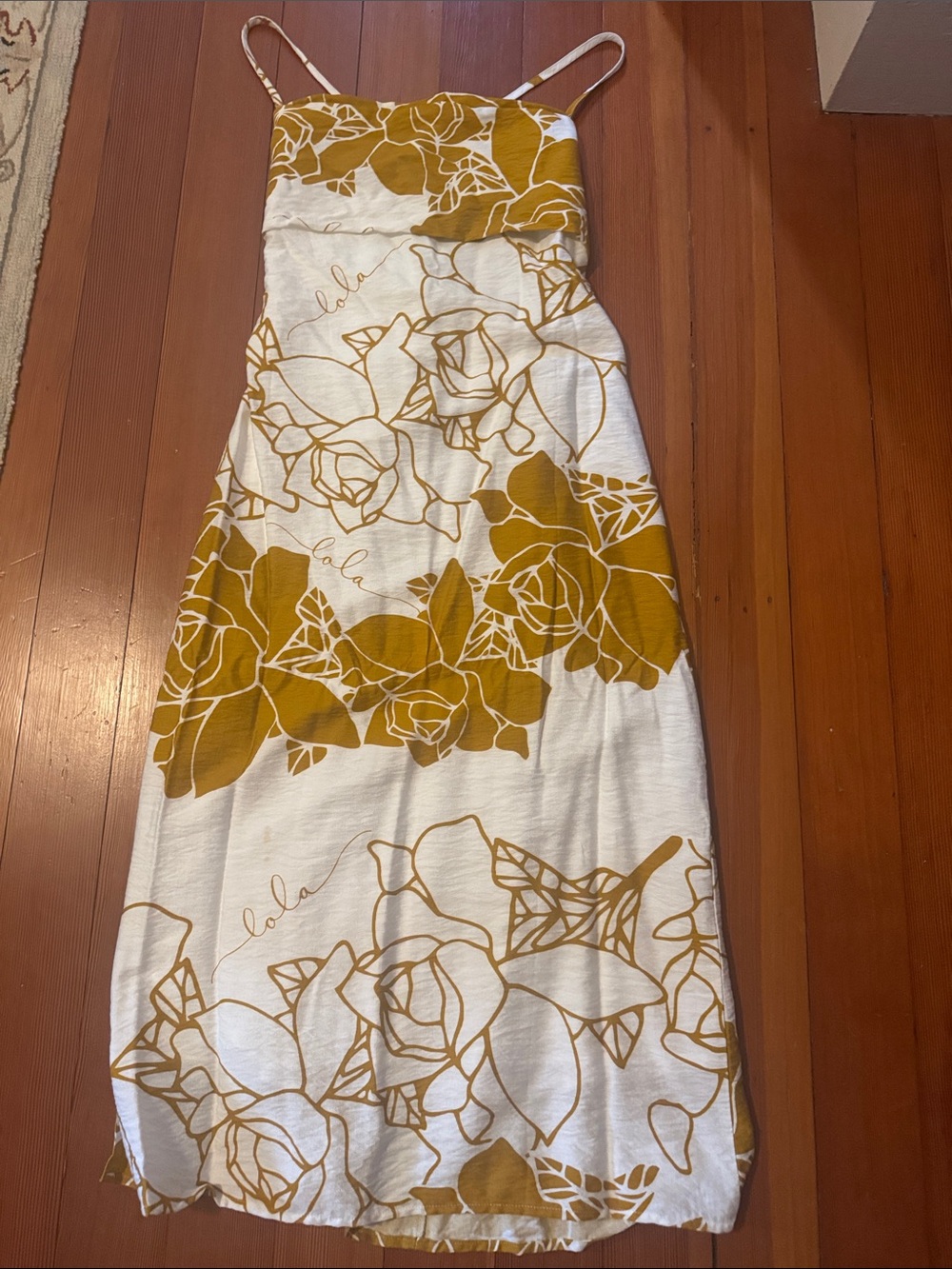 Floral Spaghetti-Strap Midi Dress in Mustard and White